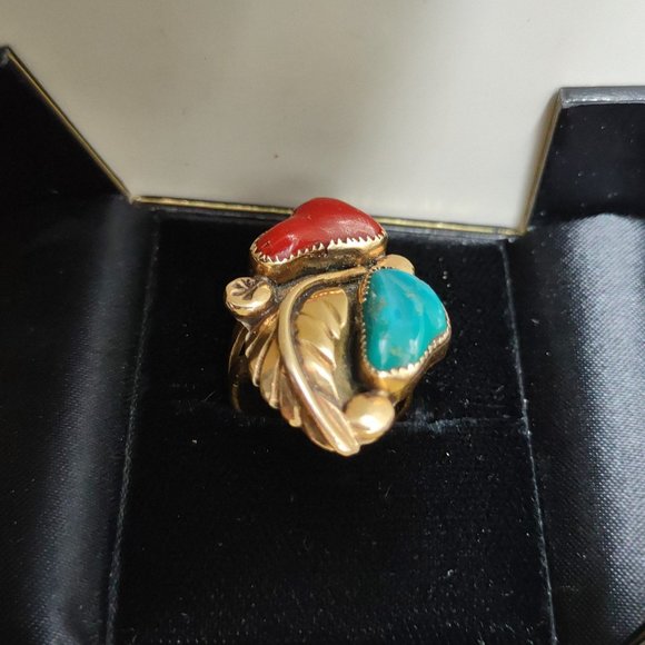 Ben Eustace Sterling Silver Carved Turquoise, Coral Floral Leaf Ring Size: 6 - Picture 9 of 10